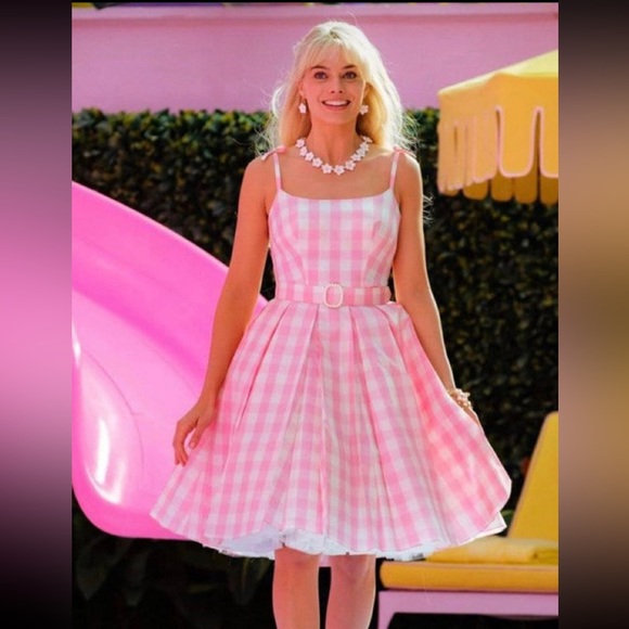 Margot Robbie Barbie The Movie Pink Plaid Dress and Accessories, Barbie Costume - Picture 1 of 10